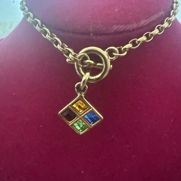 Givenchy Gold Tone Pendant Necklace with Black, Yellow, Green, and Blue Stones - Picture 2 of 7